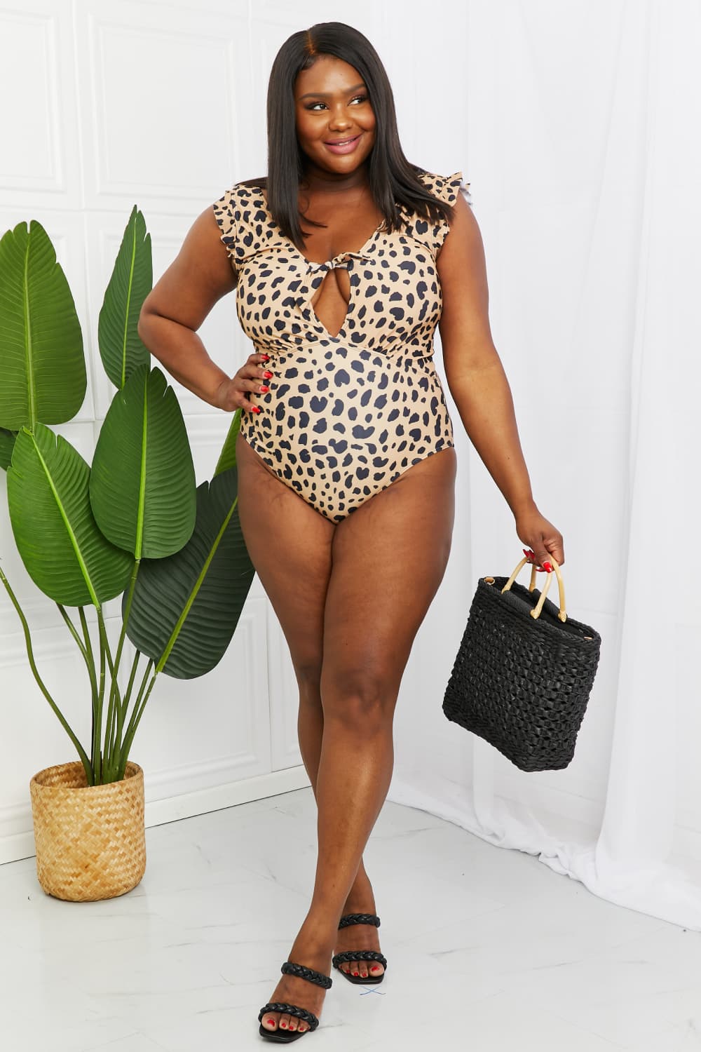 Marina West Swim Seashell Ruffle Sleeve One-Piece in Leopard-Teresa&#39;s Fashionista LLC