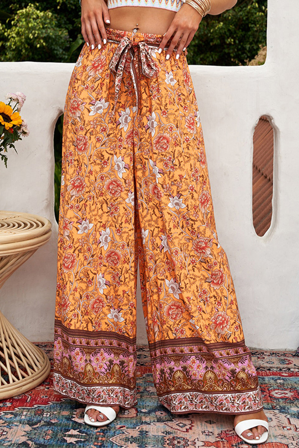 Bohemian Tie Waist Palazzo Pants-Teresa&#39;s Fashionista LLC