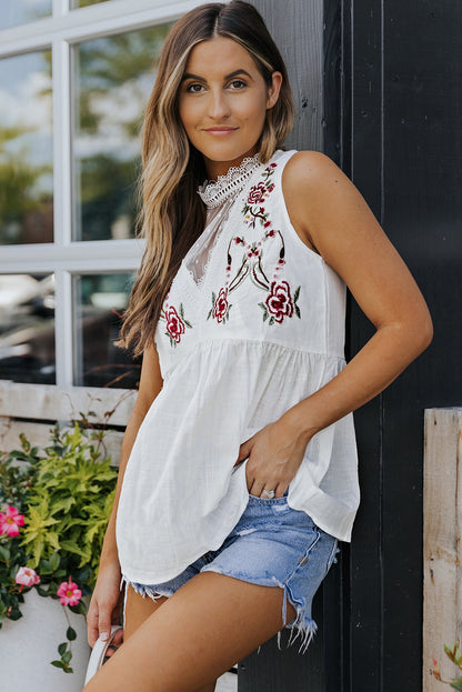 Embroidered Mock Neck Babydoll Tank-Teresa&#39;s Fashionista LLC