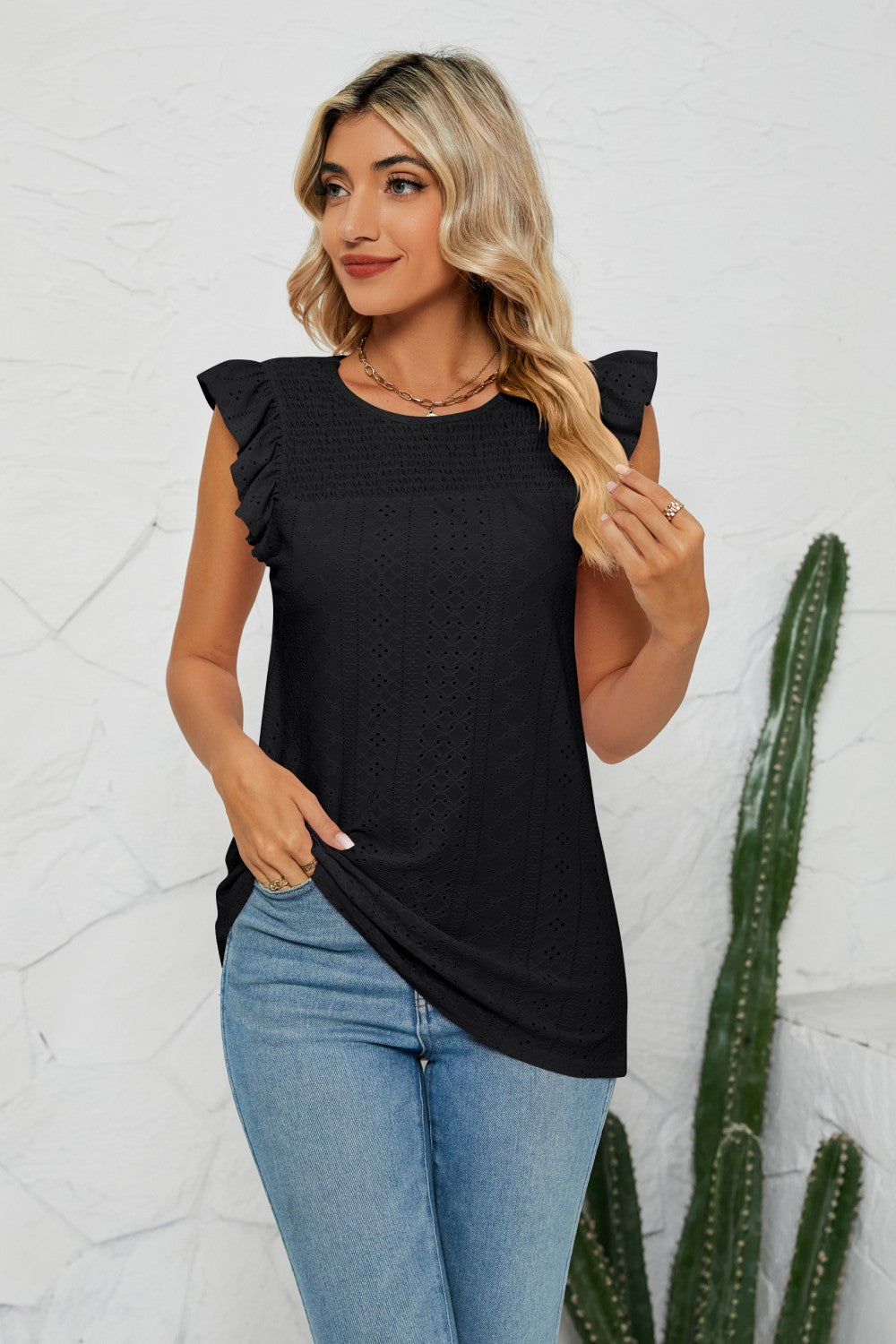 Smocked Round Neck Eyelet Top-Teresa&#39;s Fashionista LLC