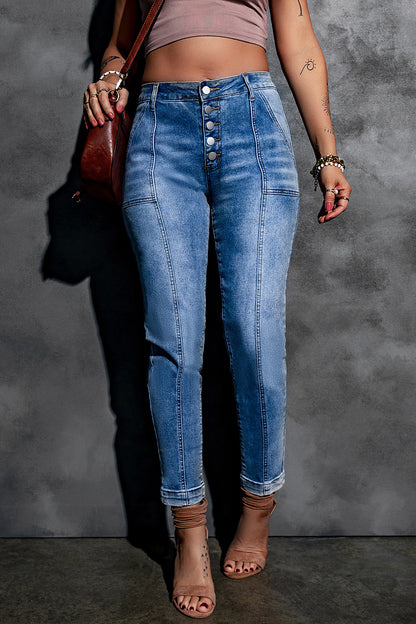 Button Fly Center Seam High Rise Jeans-Teresa&#39;s Fashionista LLC