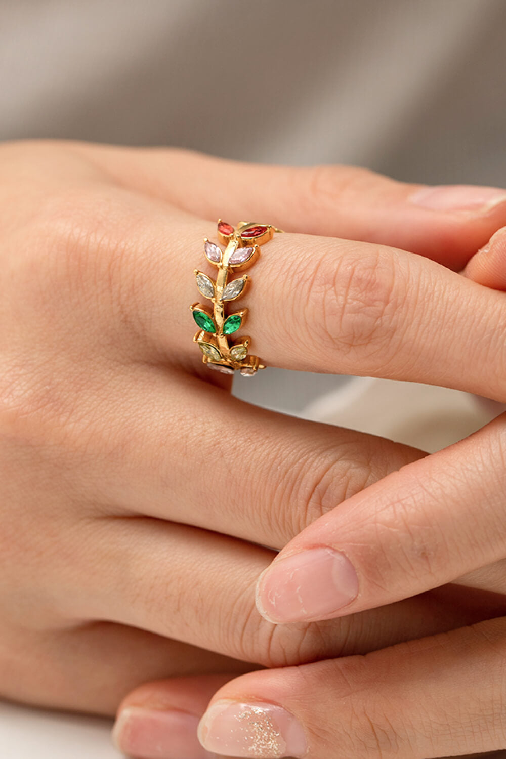 Zircon 18K Gold-Plated Leaf Open Ring-Teresa&#39;s Fashionista LLC