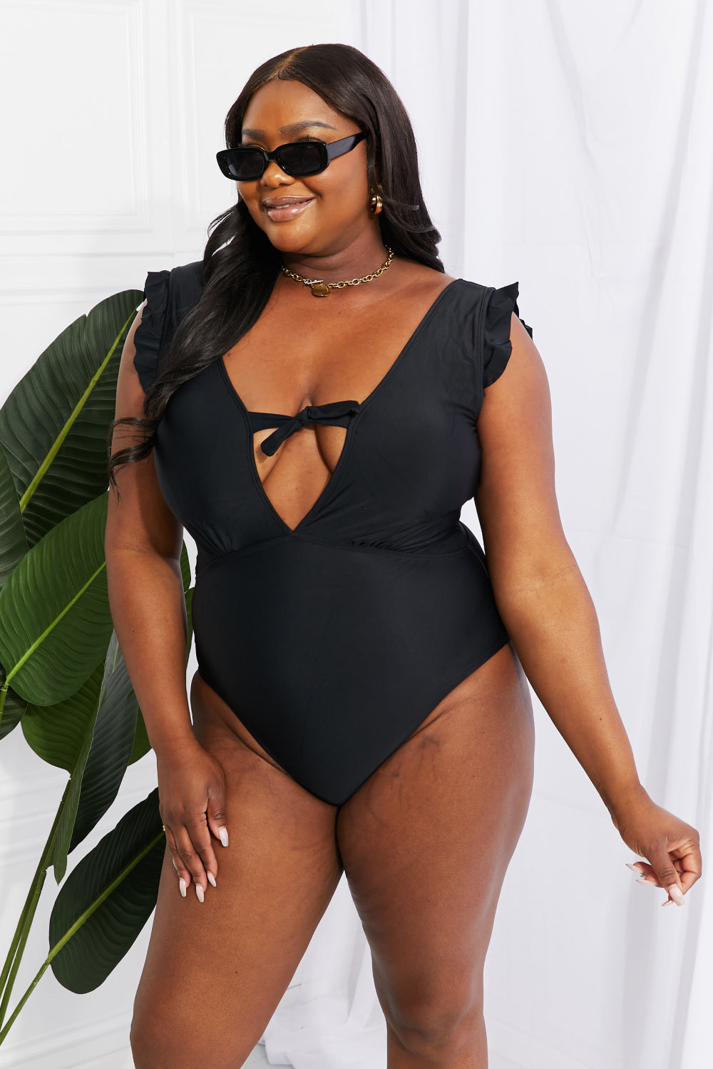 Marina West Swim Seashell Ruffle Sleeve One-Piece in Black-Teresa&#39;s Fashionista LLC