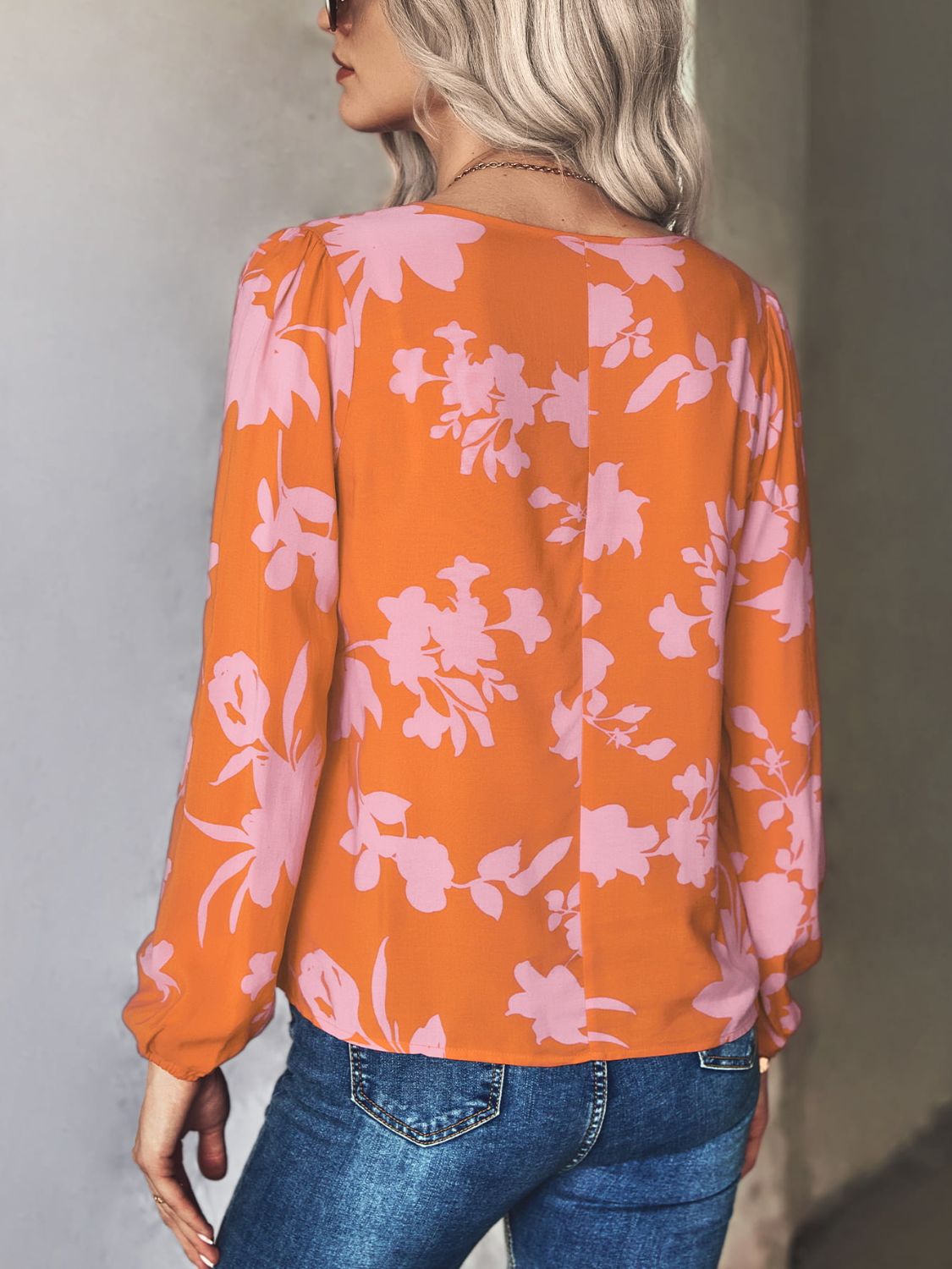 Printed Tie Neck Long Sleeve Blouse-Teresa&#39;s Fashionista LLC