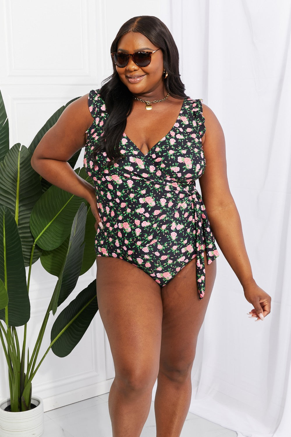 Marina West Swim Full Size Float On Ruffle Faux Wrap One-Piece in Floral-Teresa&#39;s Fashionista LLC