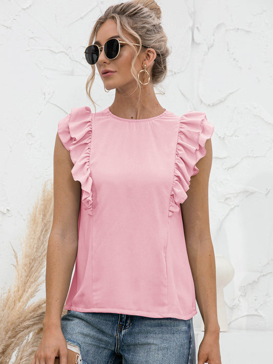 Round Neck Tied Open Back Flutter Sleeve Top-Teresa&#39;s Fashionista LLC