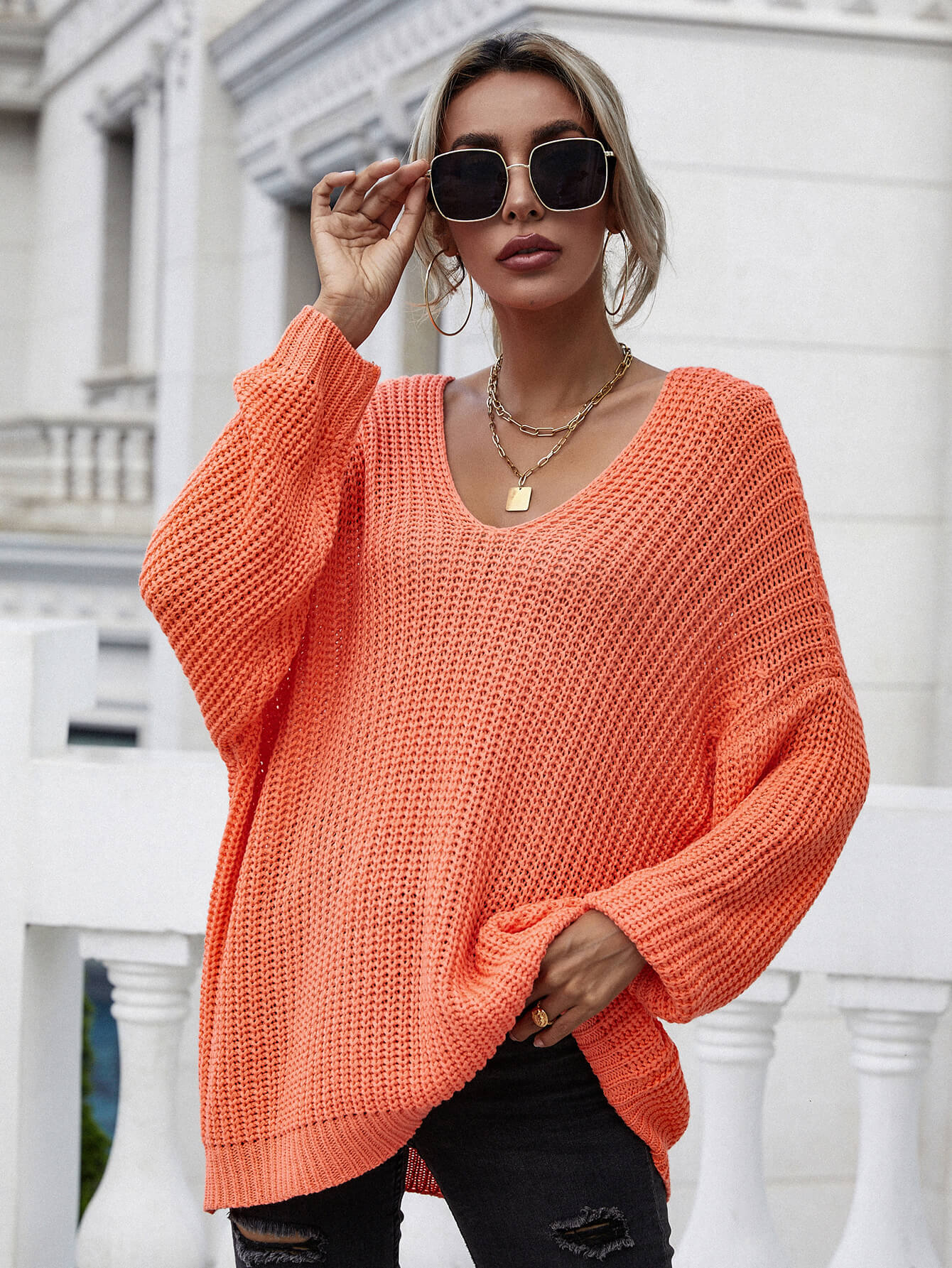 Rib-Knit Drop Shoulder V-Neck Pullover Sweater-Teresa&#39;s Fashionista LLC