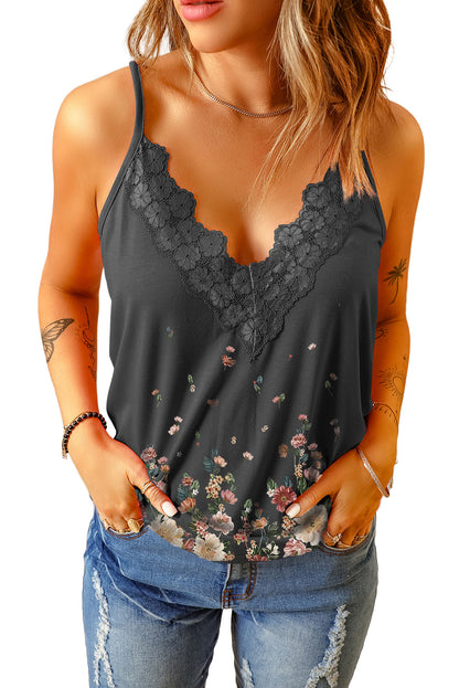 Floral Lace Trim Scalloped Plunge Cami-Teresa&#39;s Fashionista LLC