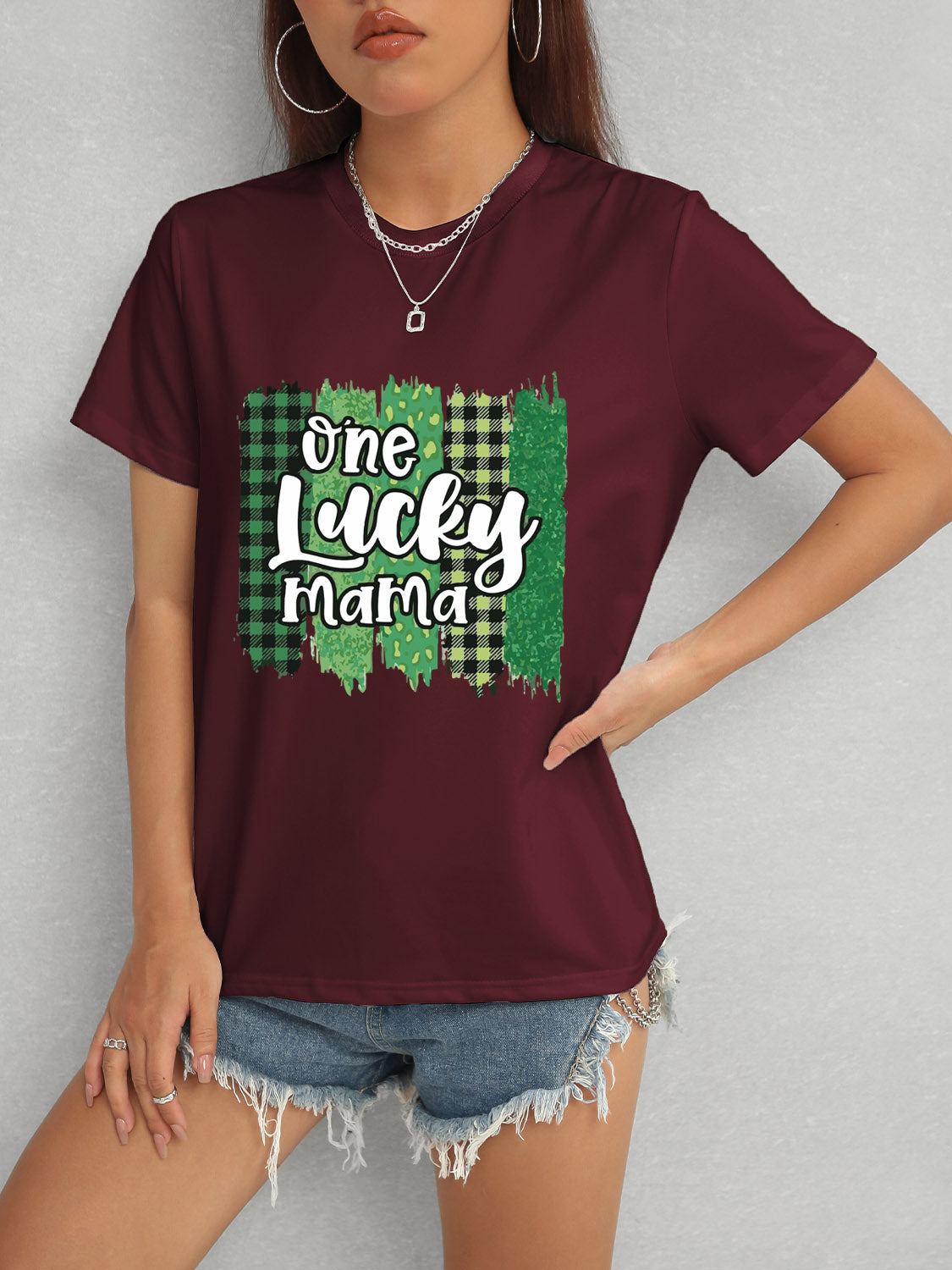 ONE LUCKY MAMA Round Neck T-Shirt-Teresa&#39;s Fashionista LLC