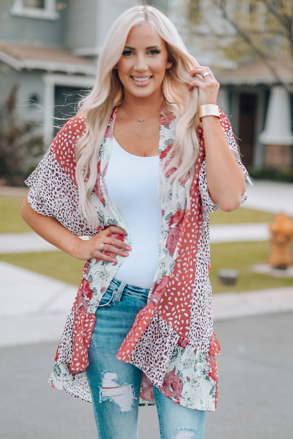 Mixed Print Ruffle Hem Kimono-Teresa&#39;s Fashionista LLC