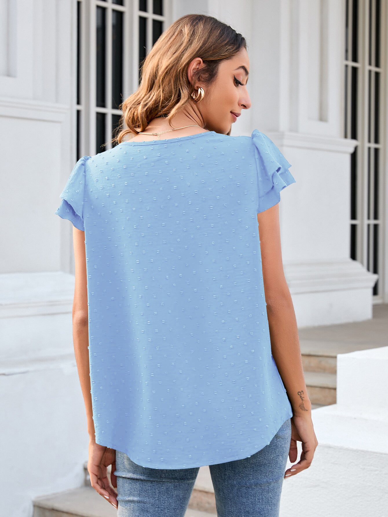 Swiss Dot Layered Flutter Sleeve Shirt-Teresa&#39;s Fashionista LLC