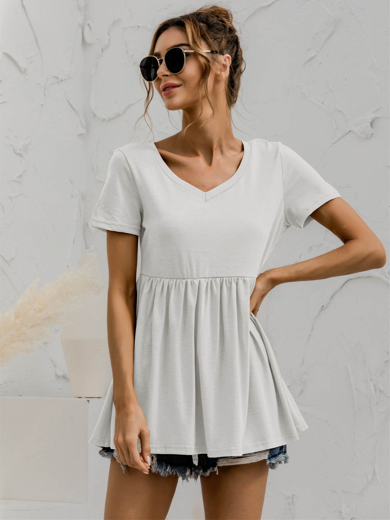 V-Neck Short Sleeve Babydoll Top-Teresa&#39;s Fashionista LLC