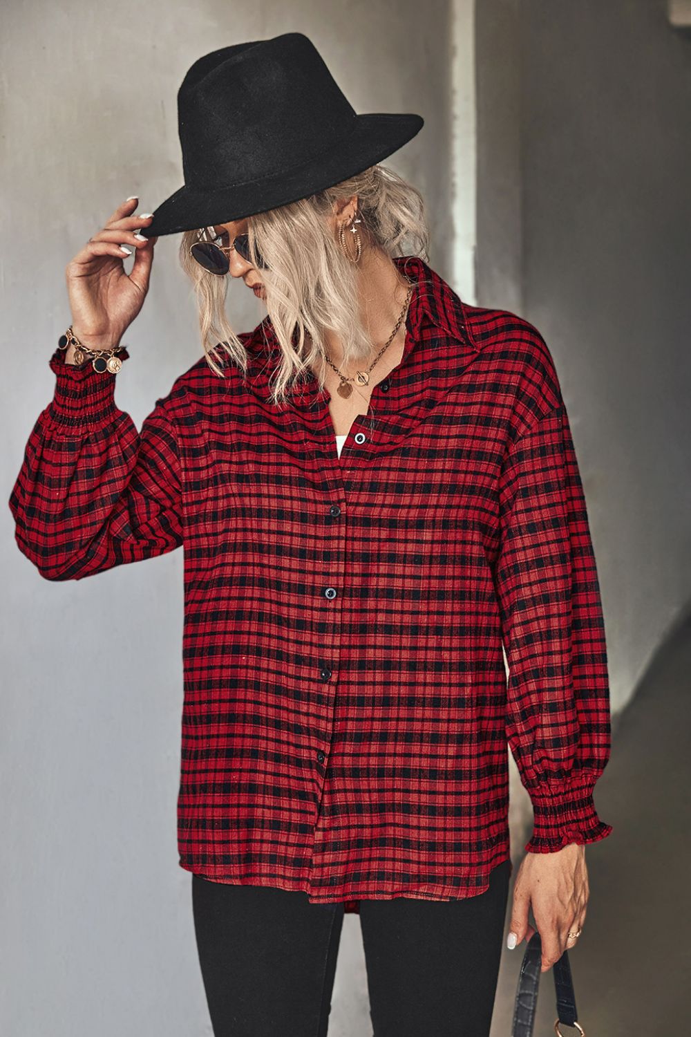 Plaid Button Front Dropped Shoulder Shirt-Teresa&#39;s Fashionista LLC