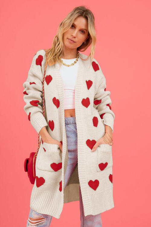 Heart Graphic Open Front Cardigan with Pockets - Teresa's Fashionista LLC