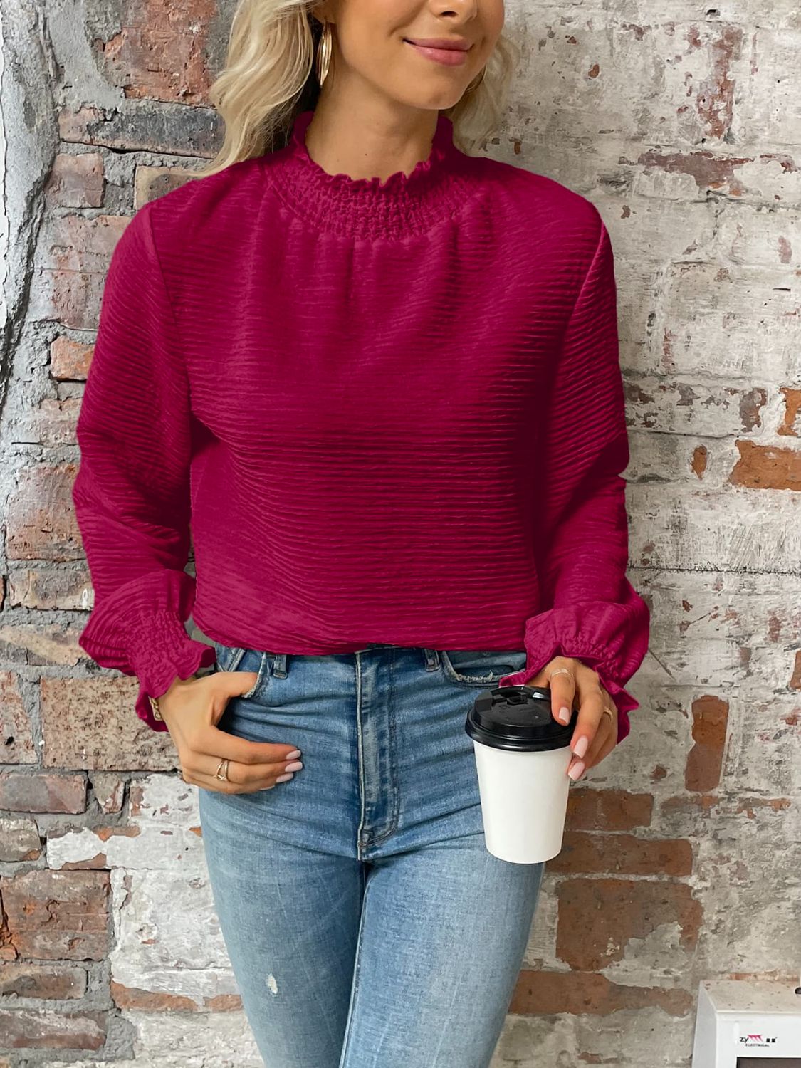 Smocked Mock Neck Flounce Sleeve Top-Teresa&#39;s Fashionista LLC