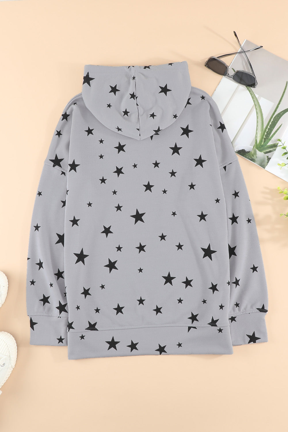 Star Print Drawstring Detail Hoodie-Teresa&#39;s Fashionista LLC