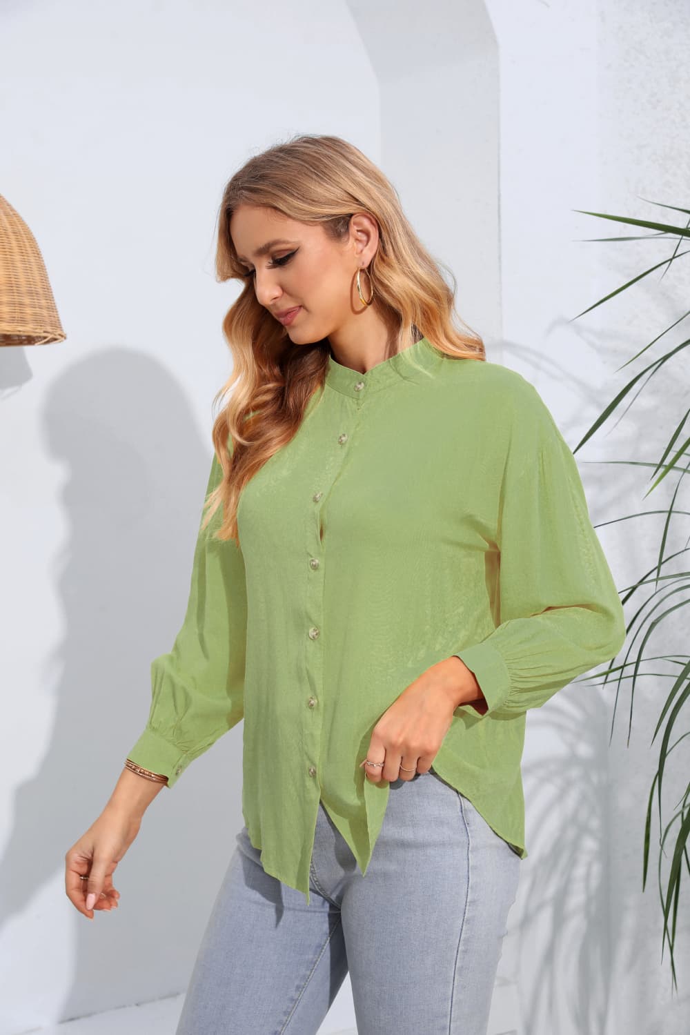 Mock Neck Buttoned Long Sleeve Shirt-Teresa&#39;s Fashionista LLC