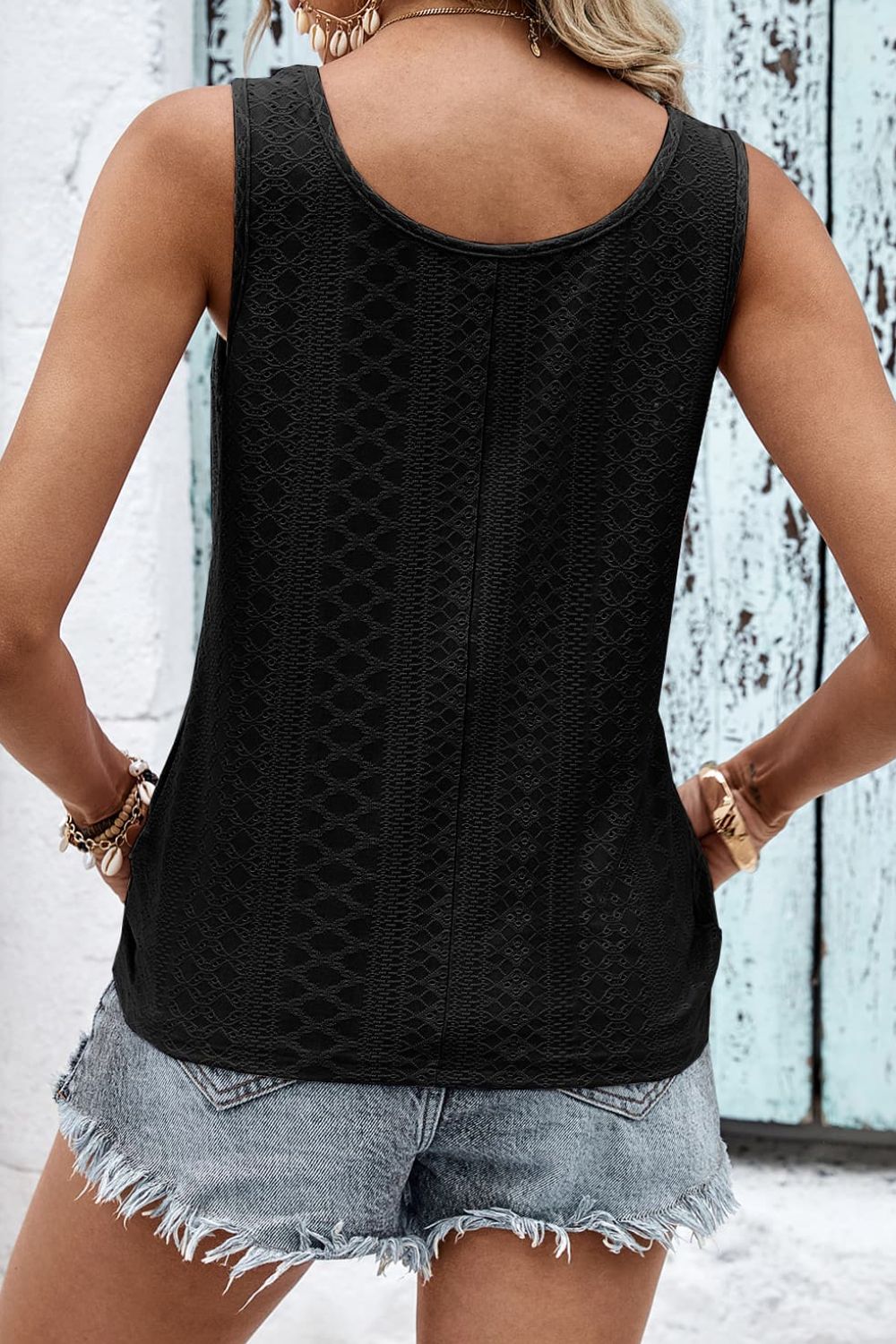 Decorative Button Hem Detail Eyelet Tank-Teresa&#39;s Fashionista LLC