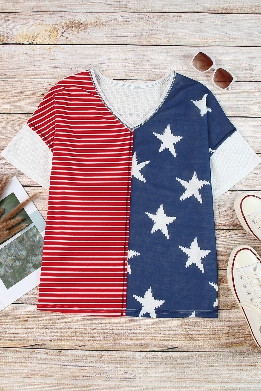 Star and Stripe V-Neck Top-Teresa&#39;s Fashionista LLC