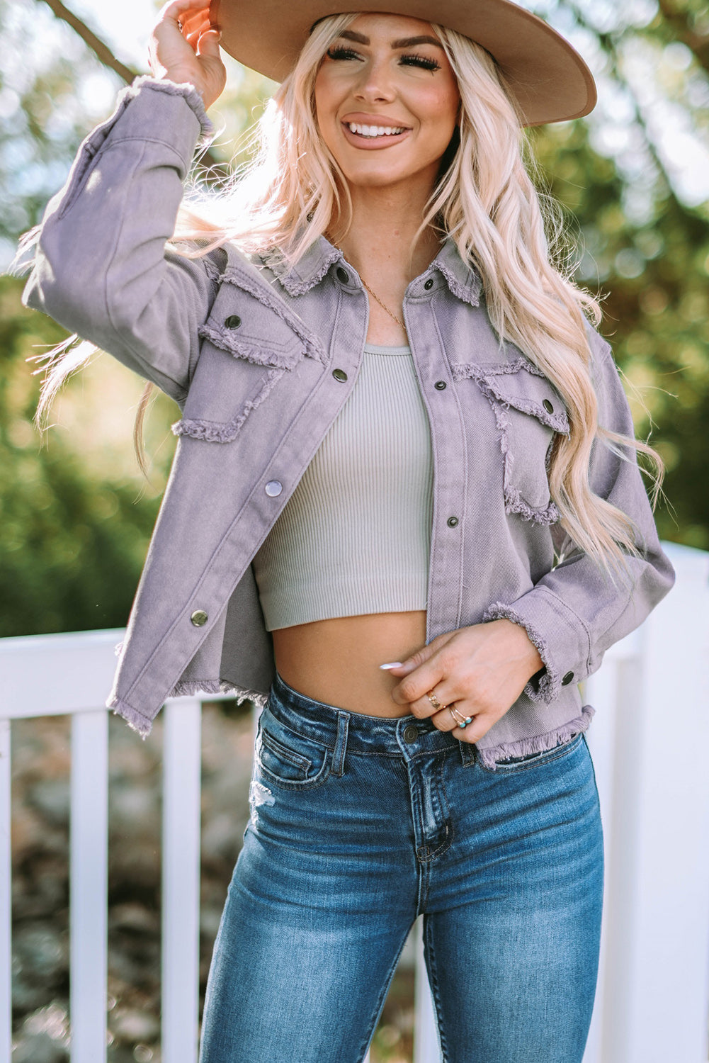 Frayed Trim Snap Down Denim Jacket-Teresa&#39;s Fashionista LLC