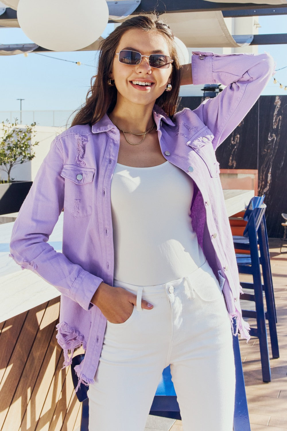 American Bazi Full Size Distressed Button Down Denim Jacket in Lavender-Teresa&#39;s Fashionista LLC