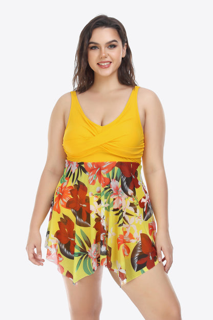 Plus Size Floral Two-Tone Asymmetrical Hem Two-Piece Swimsuit-Teresa&#39;s Fashionista LLC