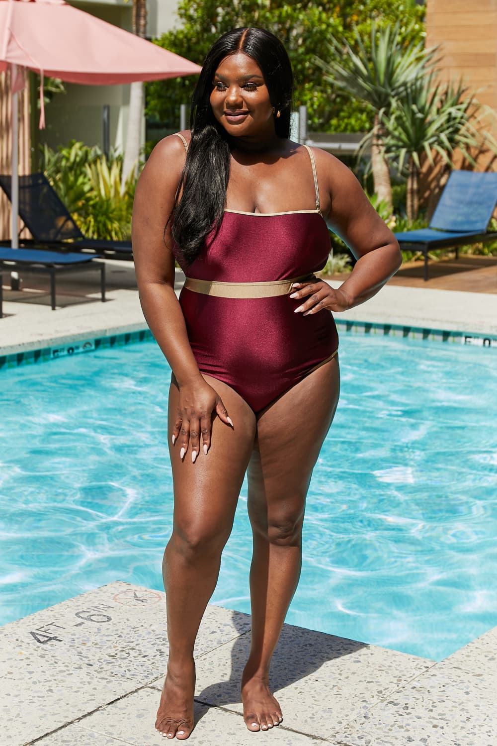 Marina West Swim Wave Break Contrast Trim One-Piece in Wine-Teresa&#39;s Fashionista LLC