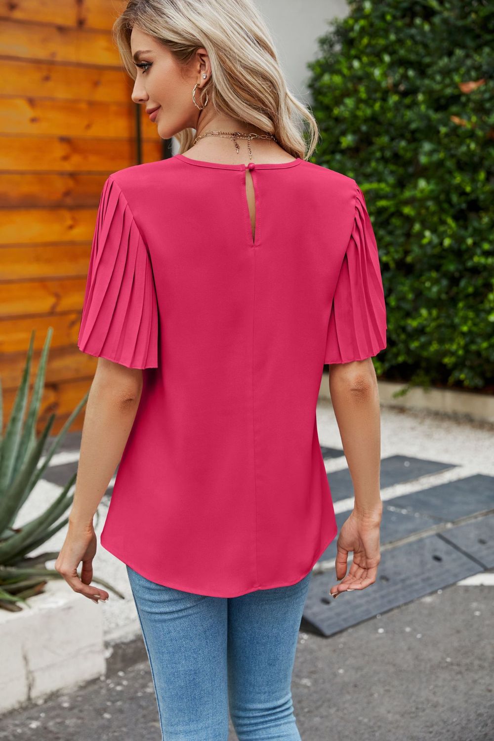 Pleated Flutter Sleeve Round Neck Blouse-Teresa&#39;s Fashionista LLC