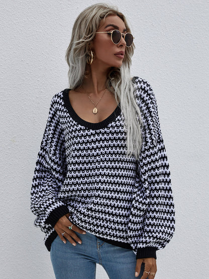 Striped Drop Shoulder V-Neck Pullover Sweater-Teresa&#39;s Fashionista LLC