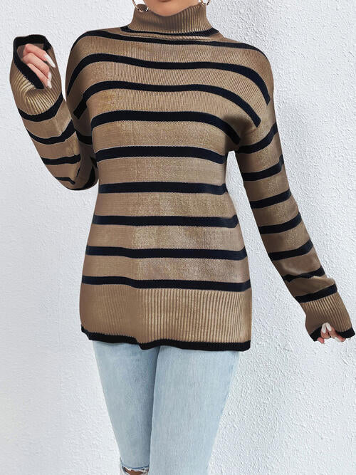 Striped Turtleneck Long Sleeve Sweater-Teresa&#39;s Fashionista LLC