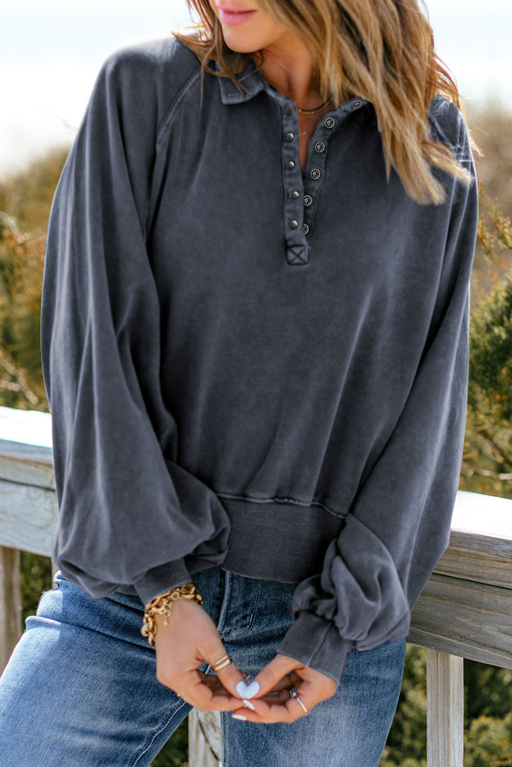 Quarter-Snap Collared Lantern Sleeve Sweatshirt-Teresa&#39;s Fashionista LLC