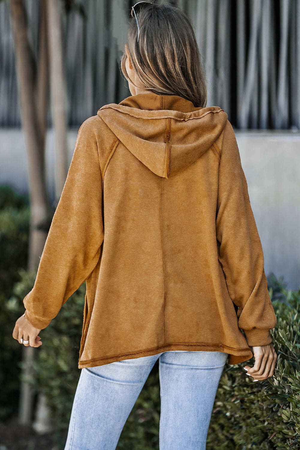 Exposed Seam Drawstring Hooded Jacket with Pockets-Teresa&#39;s Fashionista LLC