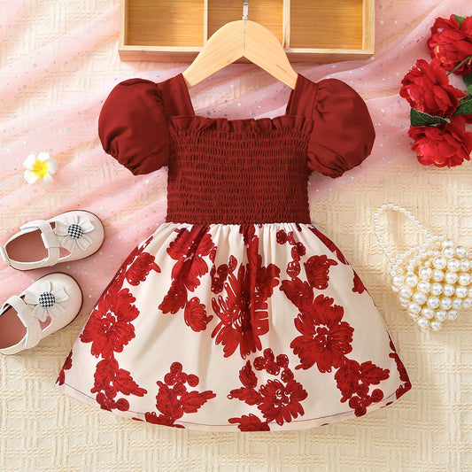 Baby Girl Floral Frill Trim Square Neck Smocked Dress-Teresa&#39;s Fashionista LLC