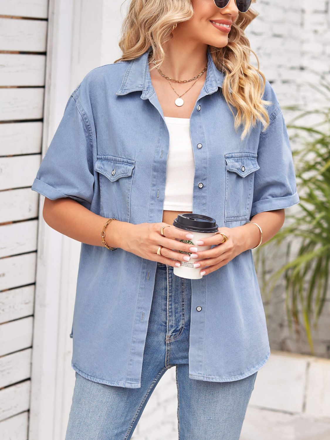 Collared Neck Short Sleeve Denim Jacket-Teresa&#39;s Fashionista LLC