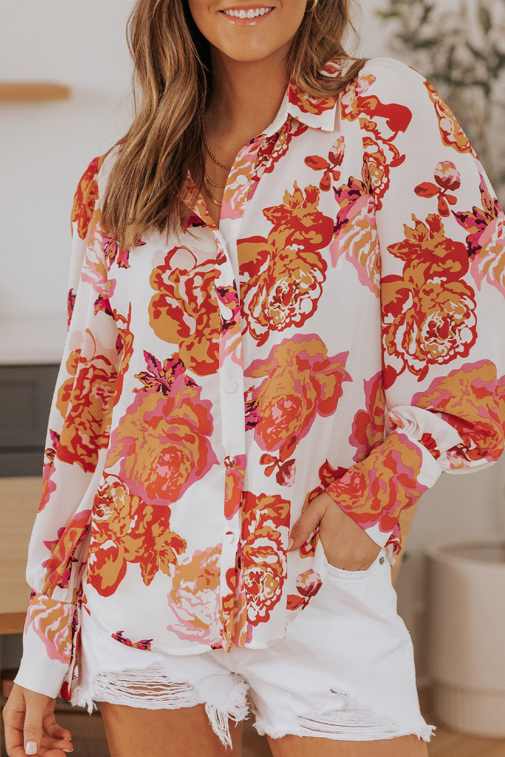 Printed Bishop Sleeve Collared Shirt-Teresa&#39;s Fashionista LLC