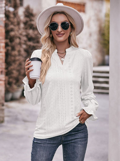 Eyelet Notched Neck Flounce Sleeve Blouse-Teresa&#39;s Fashionista LLC