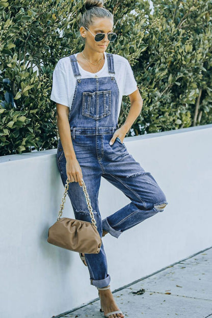 Pocketed Distressed Denim Overalls-Teresa&#39;s Fashionista LLC