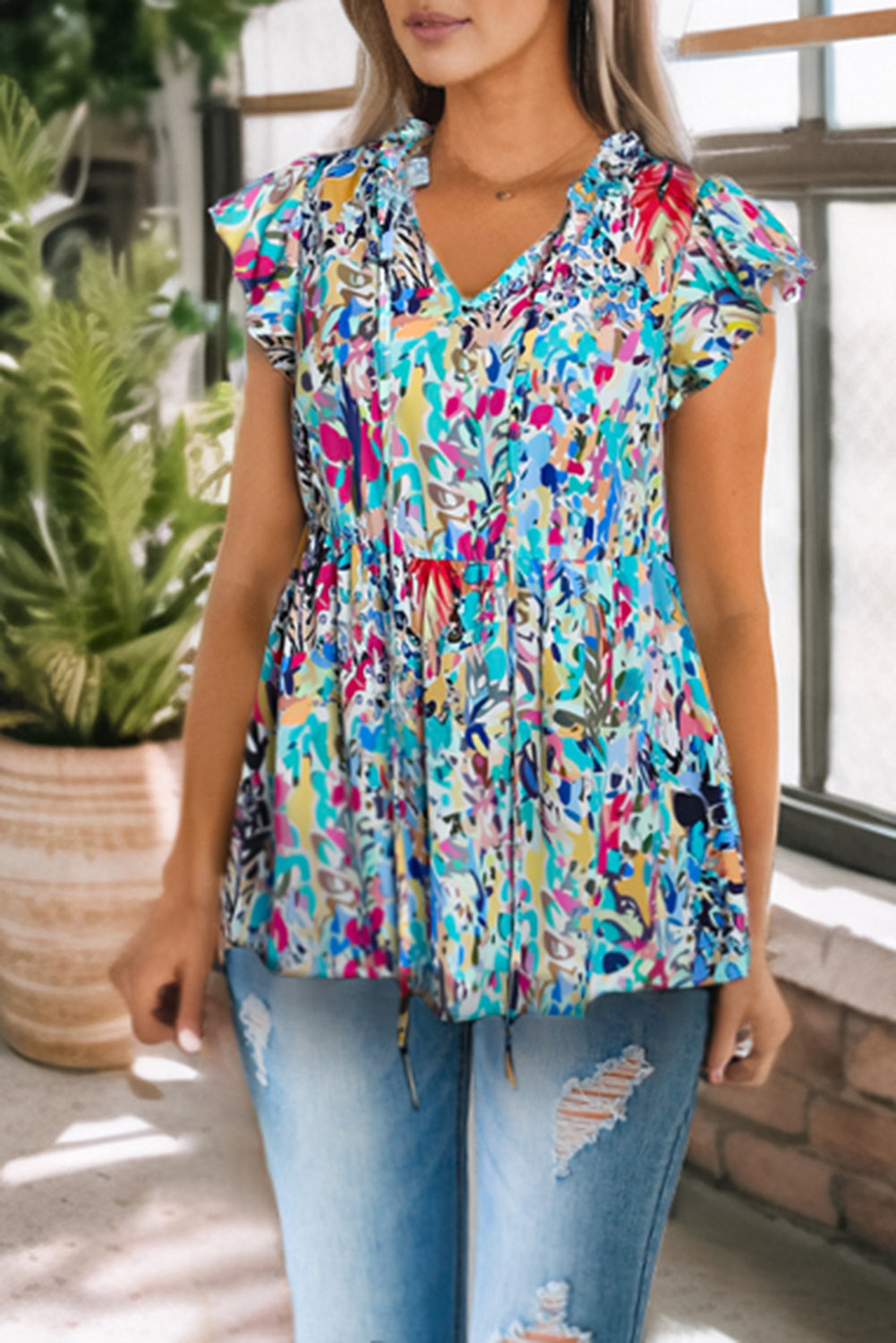 Printed Tie Neck Butterfly Sleeve Babydoll Top-Teresa&#39;s Fashionista LLC