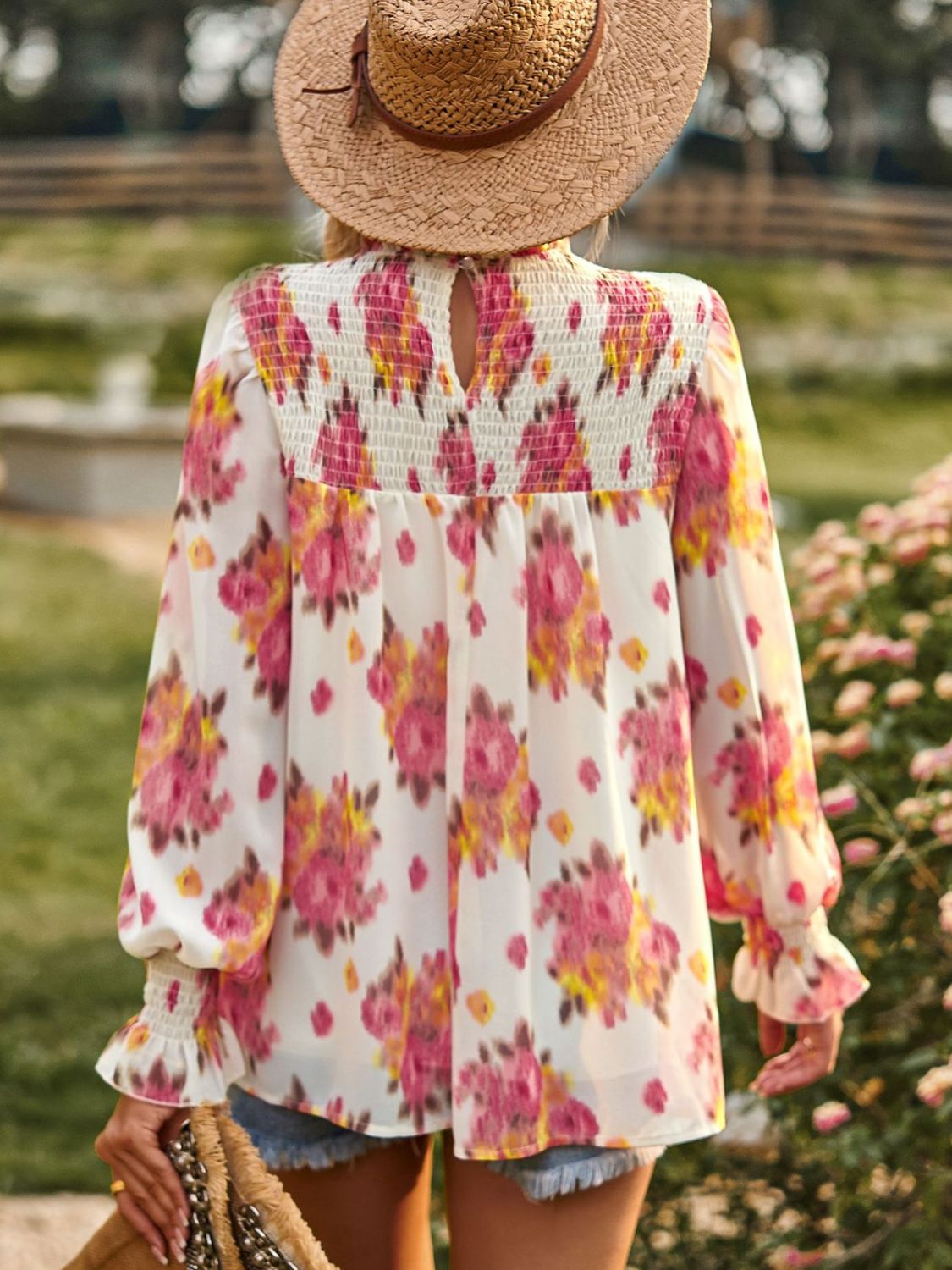 Floral Smocked Lantern Sleeve Blouse-Teresa&#39;s Fashionista LLC