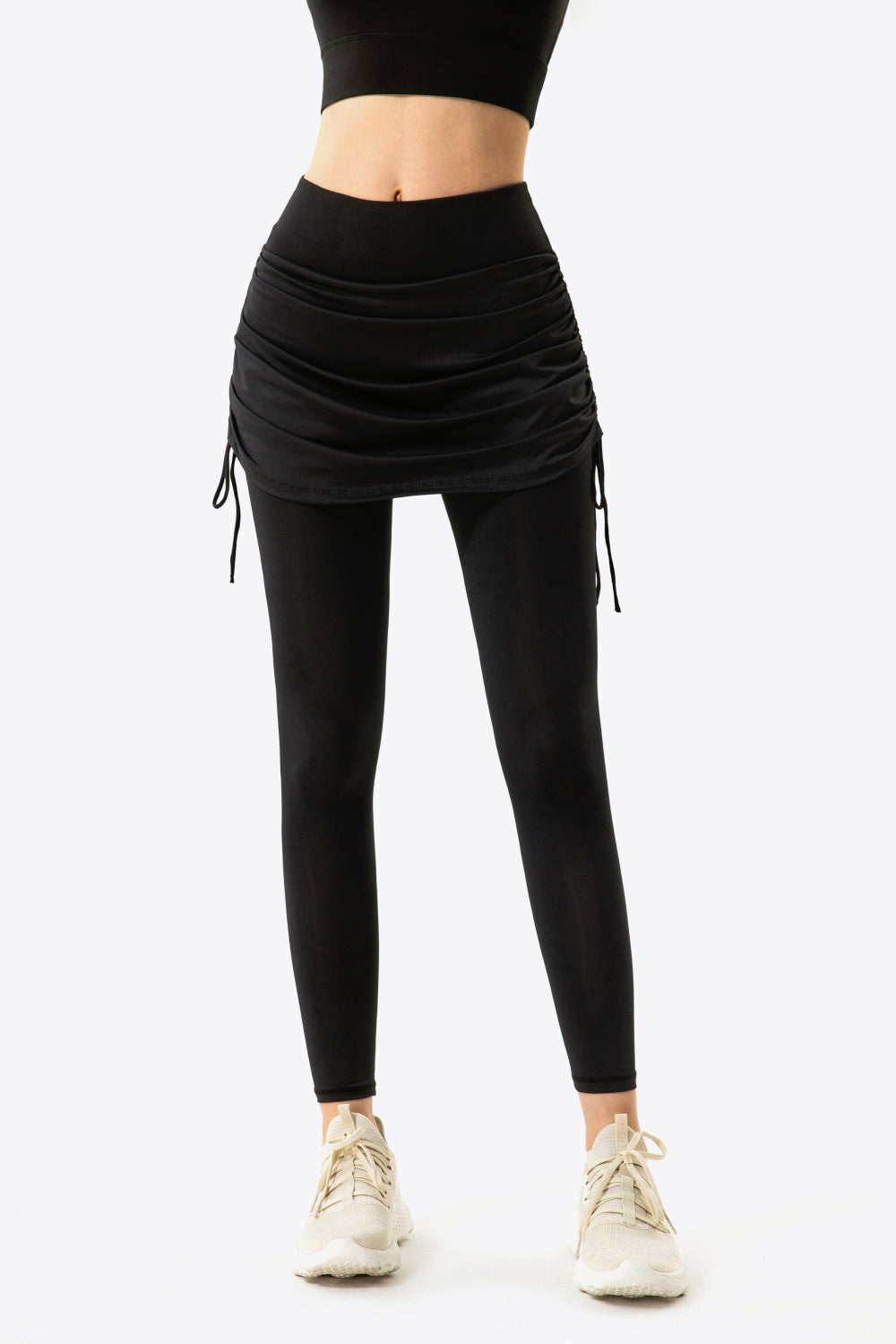 Drawstring Ruched Faux Layered Yoga Leggings-Teresa&#39;s Fashionista LLC