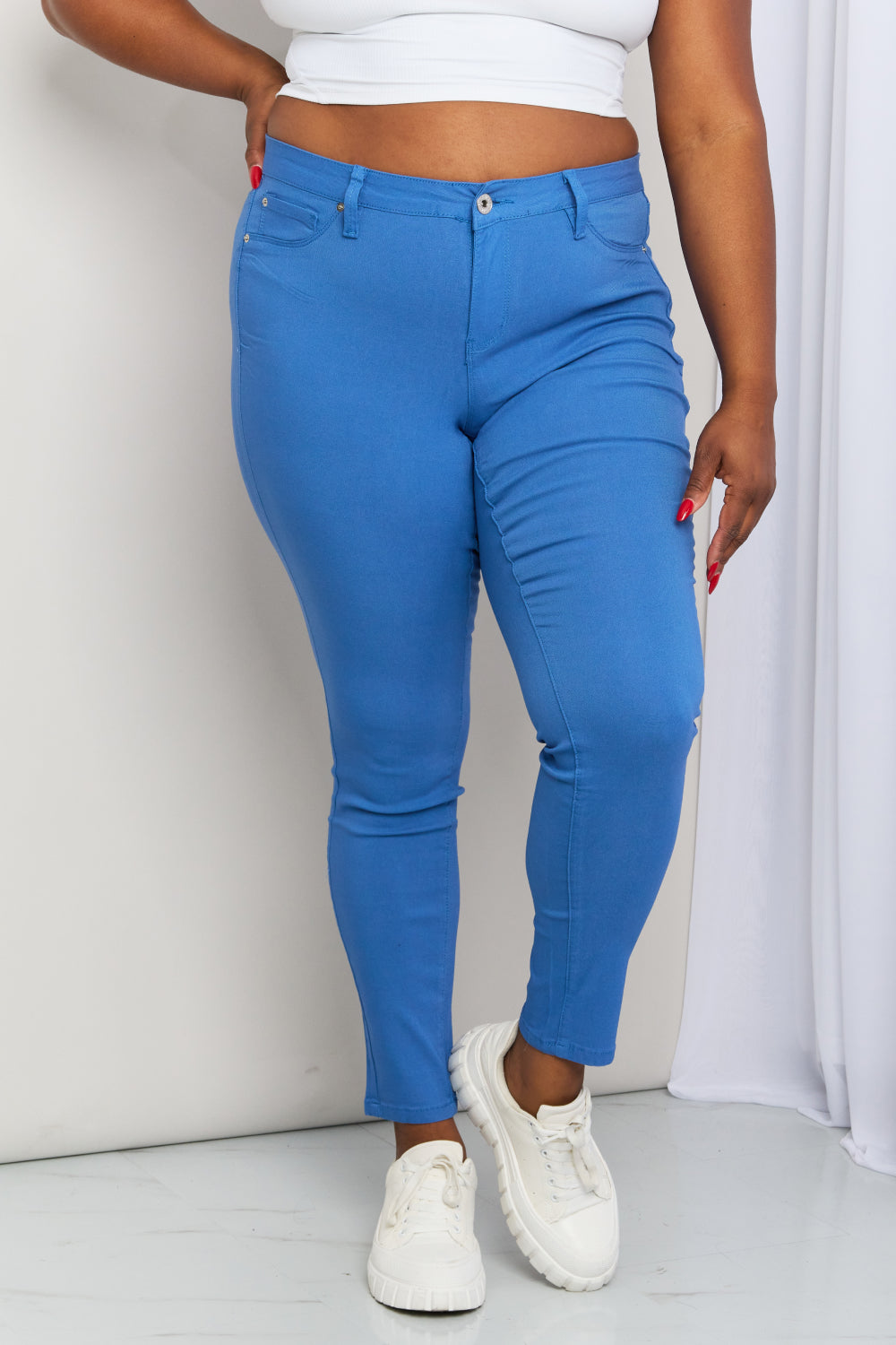 YMI Jeanswear Kate Hyper-Stretch Full Size Mid-Rise Skinny Jeans in Electric Blue-Teresa&#39;s Fashionista LLC