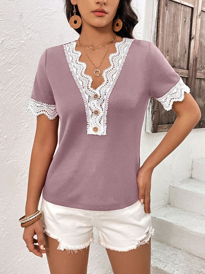 Decorative Button Spliced Lace Short Sleeve Top-Teresa&#39;s Fashionista LLC