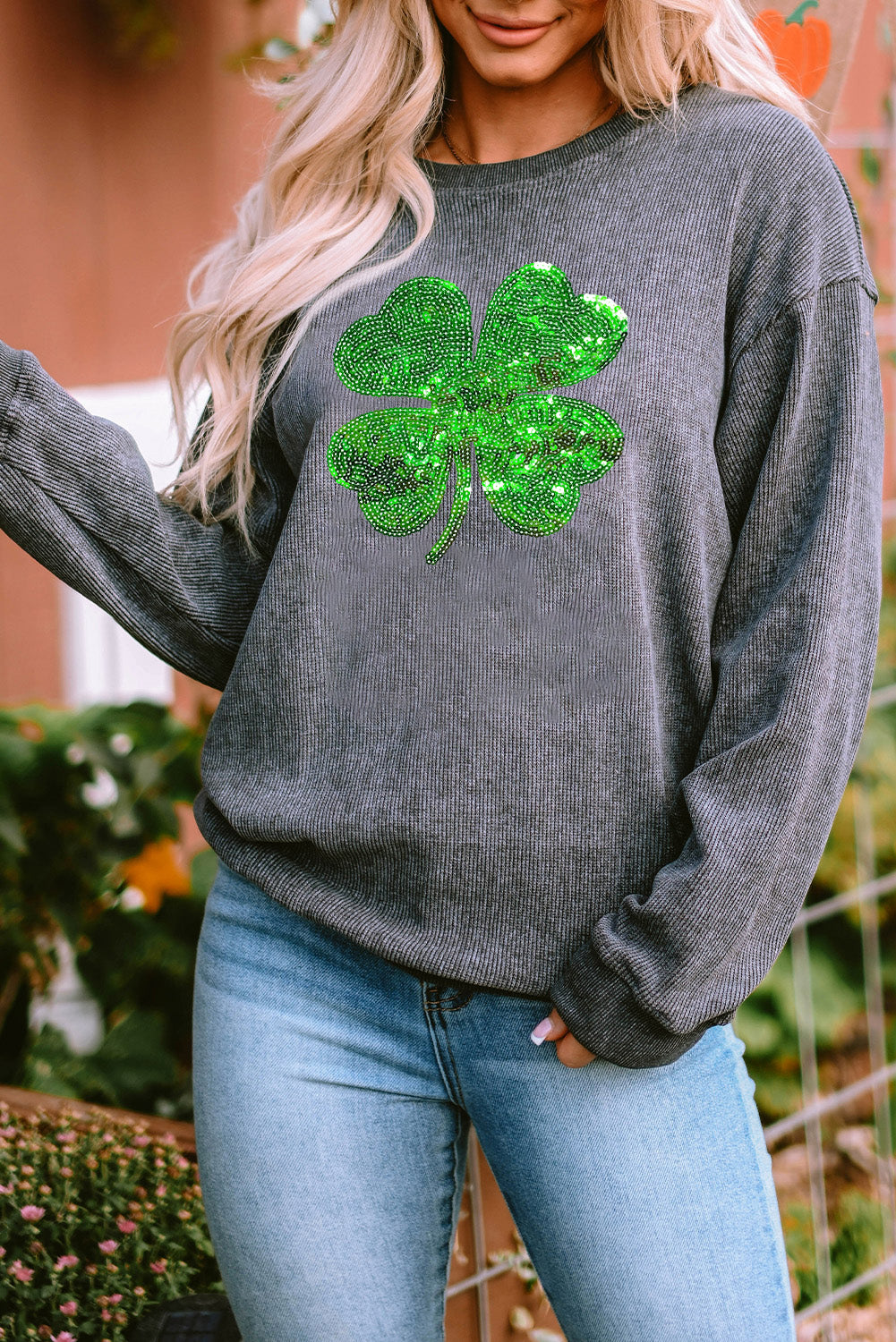 Lucky Clover Sequin Round Neck Sweatshirt-Teresa&#39;s Fashionista LLC