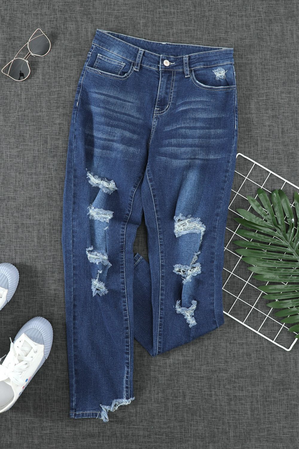 High-Rise Distressed Hem Detail Jeans-Teresa&#39;s Fashionista LLC