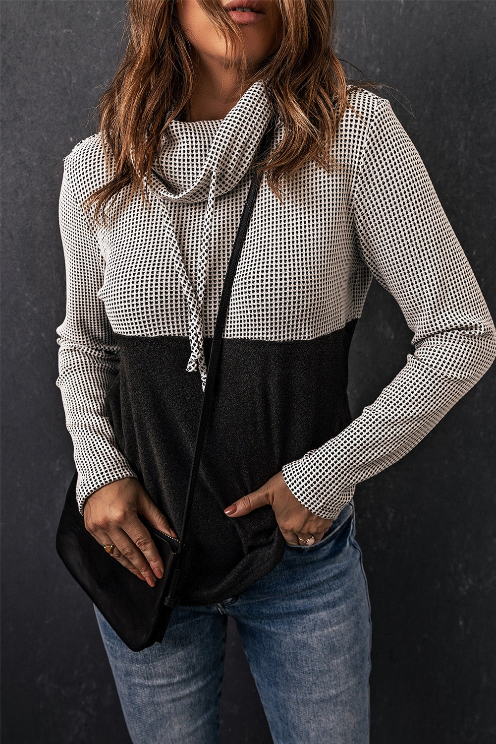 Two-Tone Waffle-Knit Drawstring Cowl Neck Sweatshirt-Teresa&#39;s Fashionista LLC