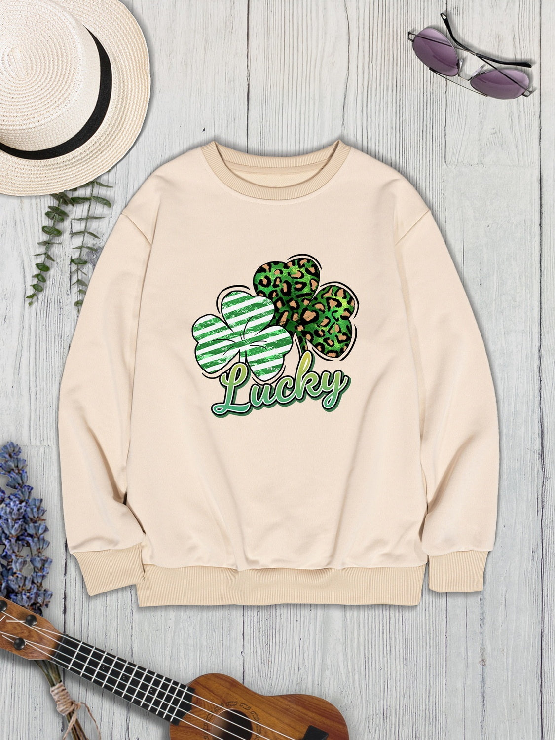 Lucky Clover Round Neck Dropped Shoulder Sweatshirt-Teresa&#39;s Fashionista LLC