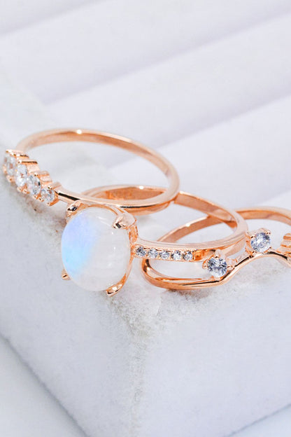 Natural Moonstone and Zircon Three-Piece Ring Set-Teresa&#39;s Fashionista LLC