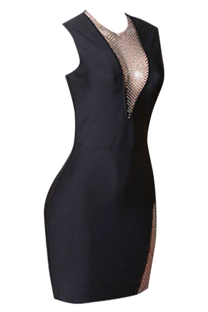 Rhinestone Detail Spliced Mesh Sleeveless Dress-Teresa&#39;s Fashionista LLC