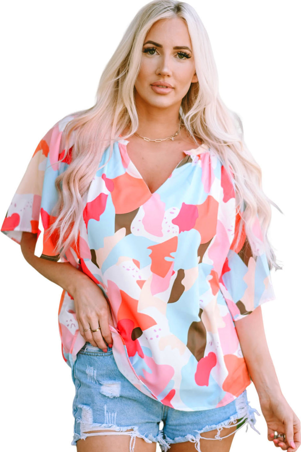 Printed Notched Neck Half Sleeve Blouse-Teresa&#39;s Fashionista LLC