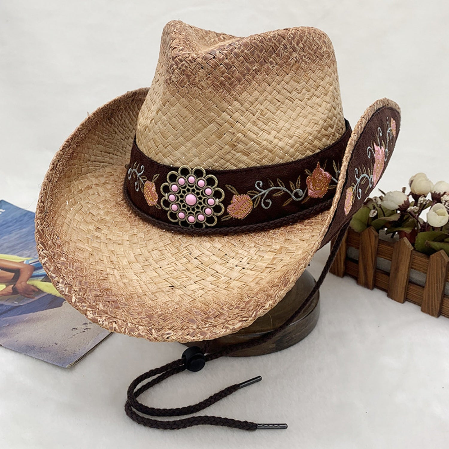 Embroidered Tied Raffia Hat-Teresa&#39;s Fashionista LLC